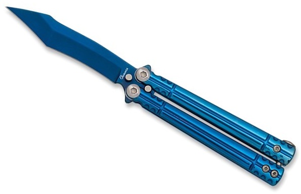Couteau papillon balisong acier recouvert de titane bleu