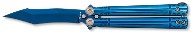 Couteau papillon balisong acier recouvert de titane bleu.