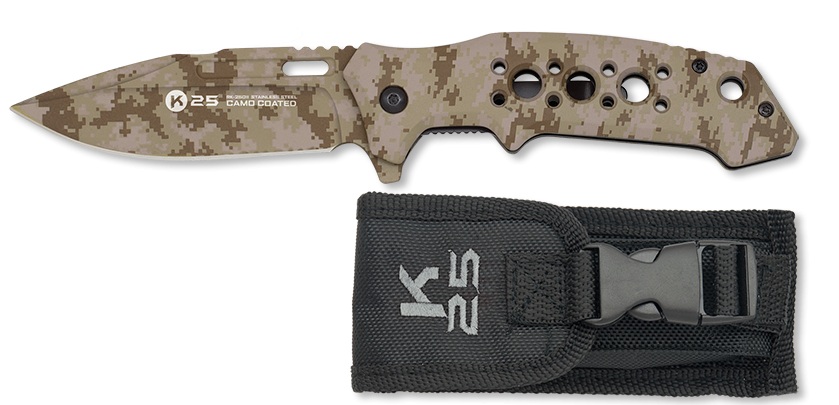 Couteau de poche en aluminium K25 camouflage sable.