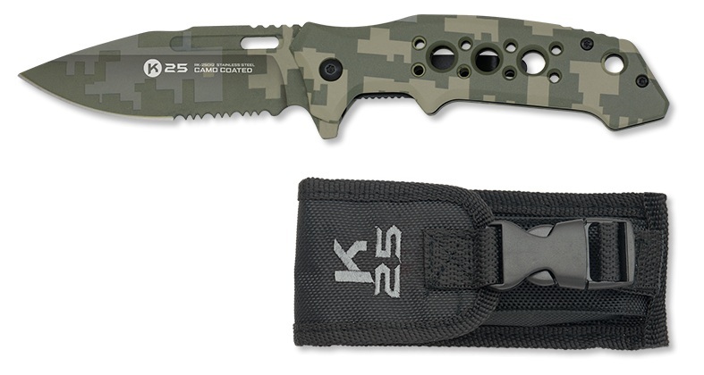 Couteau de poche en aluminium K25 camouflage vert.