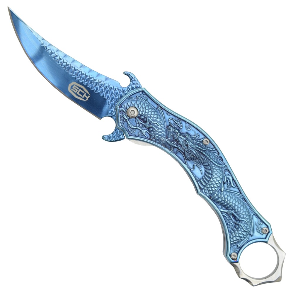 COUTEAU PLIANT KARAMBIT BLEU À RESSORT SCK