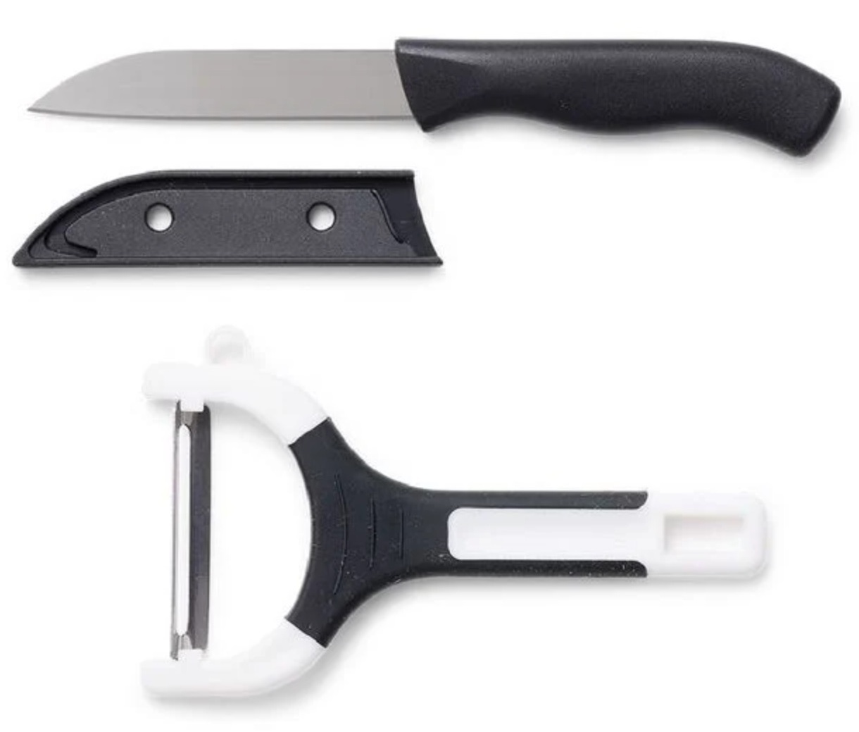 Lot inox couteau de cuisine et éplucheur noir.
