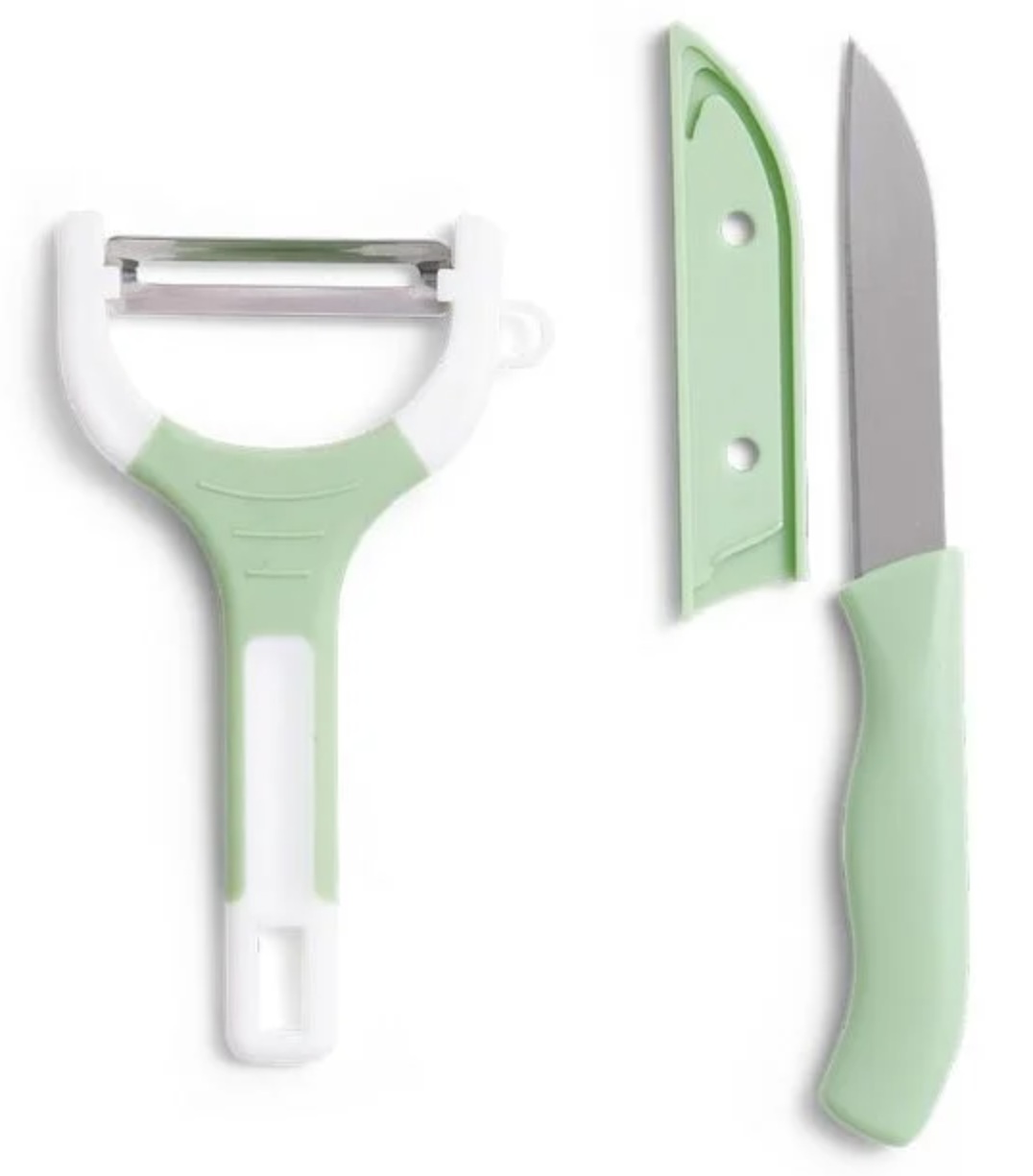 Lot inox couteau de table cuisine et éplucheur vert