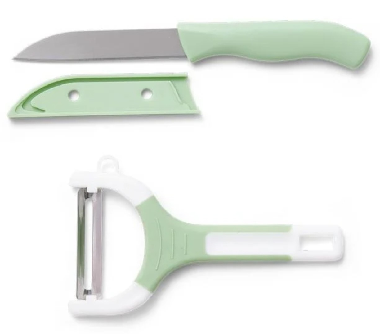 Lot inox couteau de table cuisine et éplucheur vert.