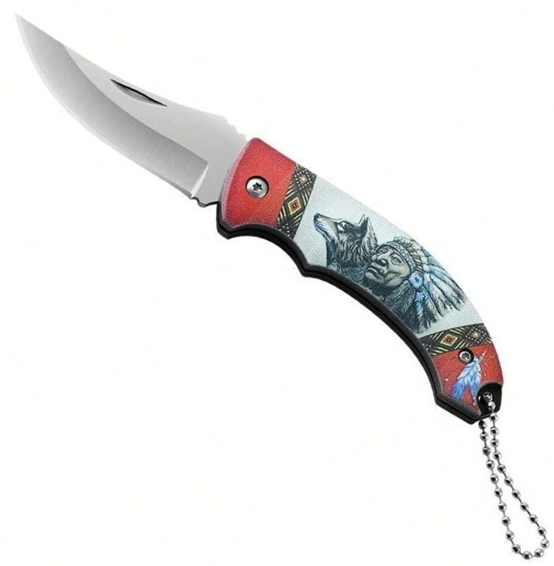 Couteau pliant 16cm design indien et loup + chaînette