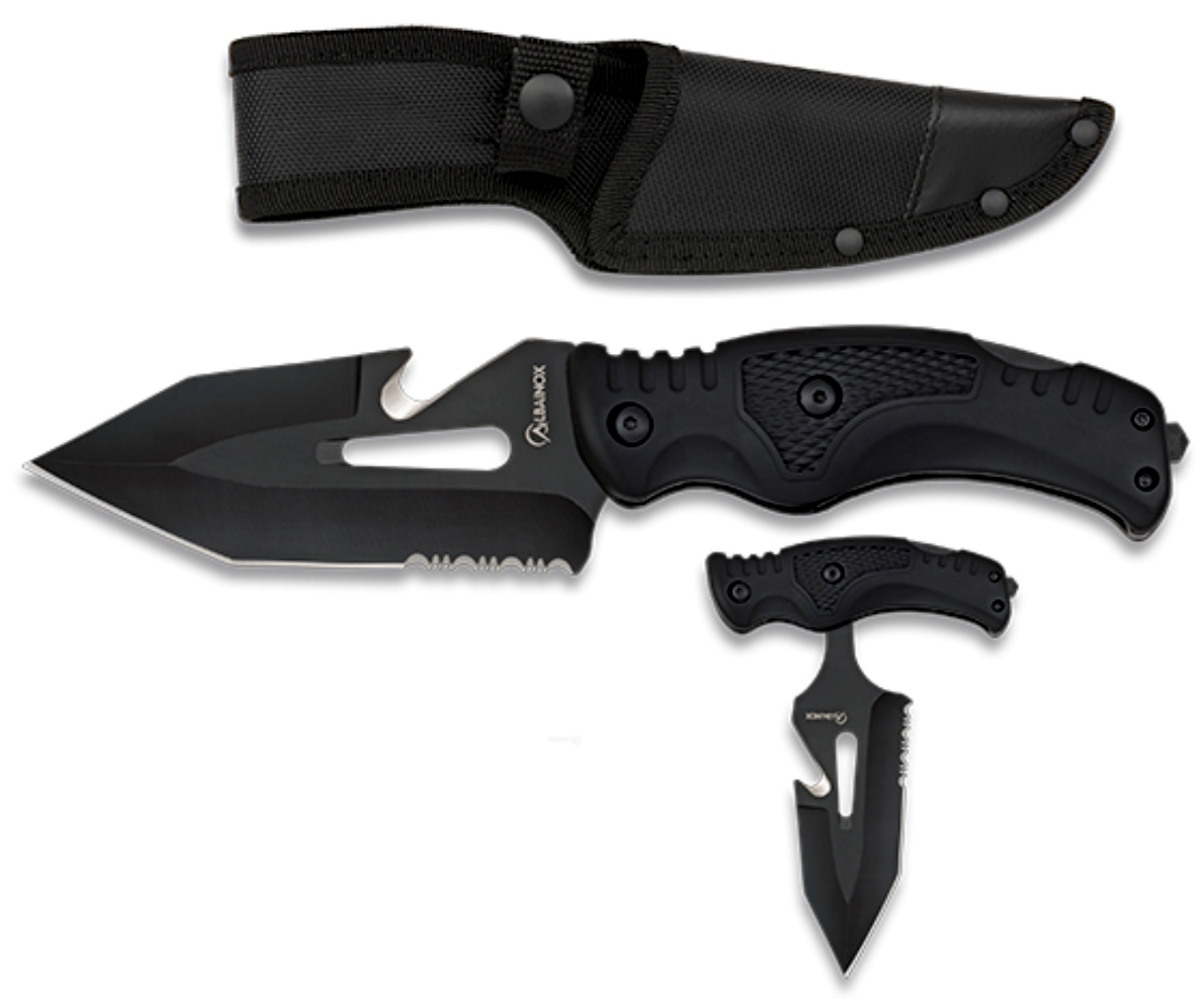 Couteau pliant tactique Albainox semi-dentelé + étui nylon