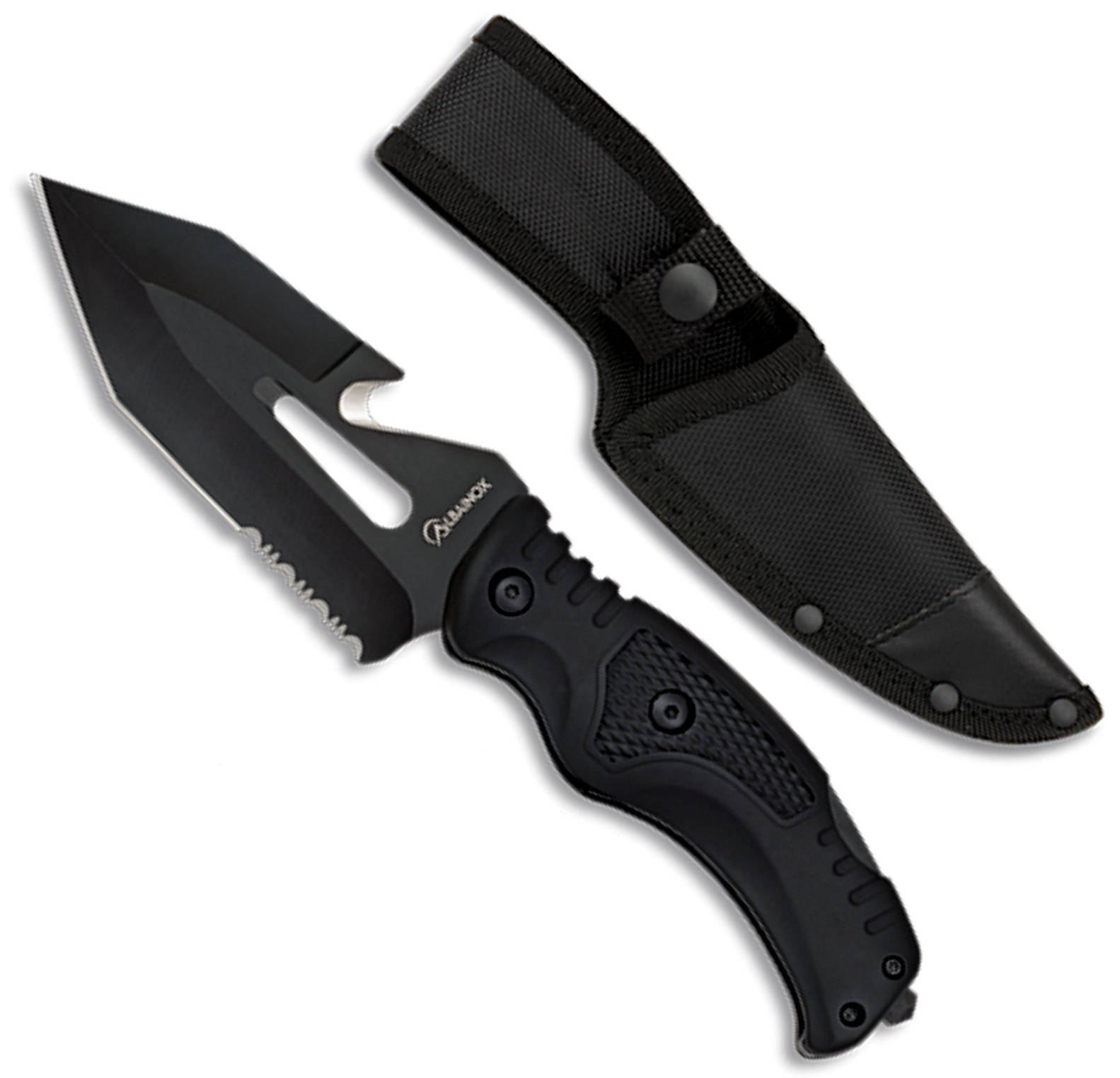 Couteau pliant tactique Albainox semi-dentelé + étui nylon.