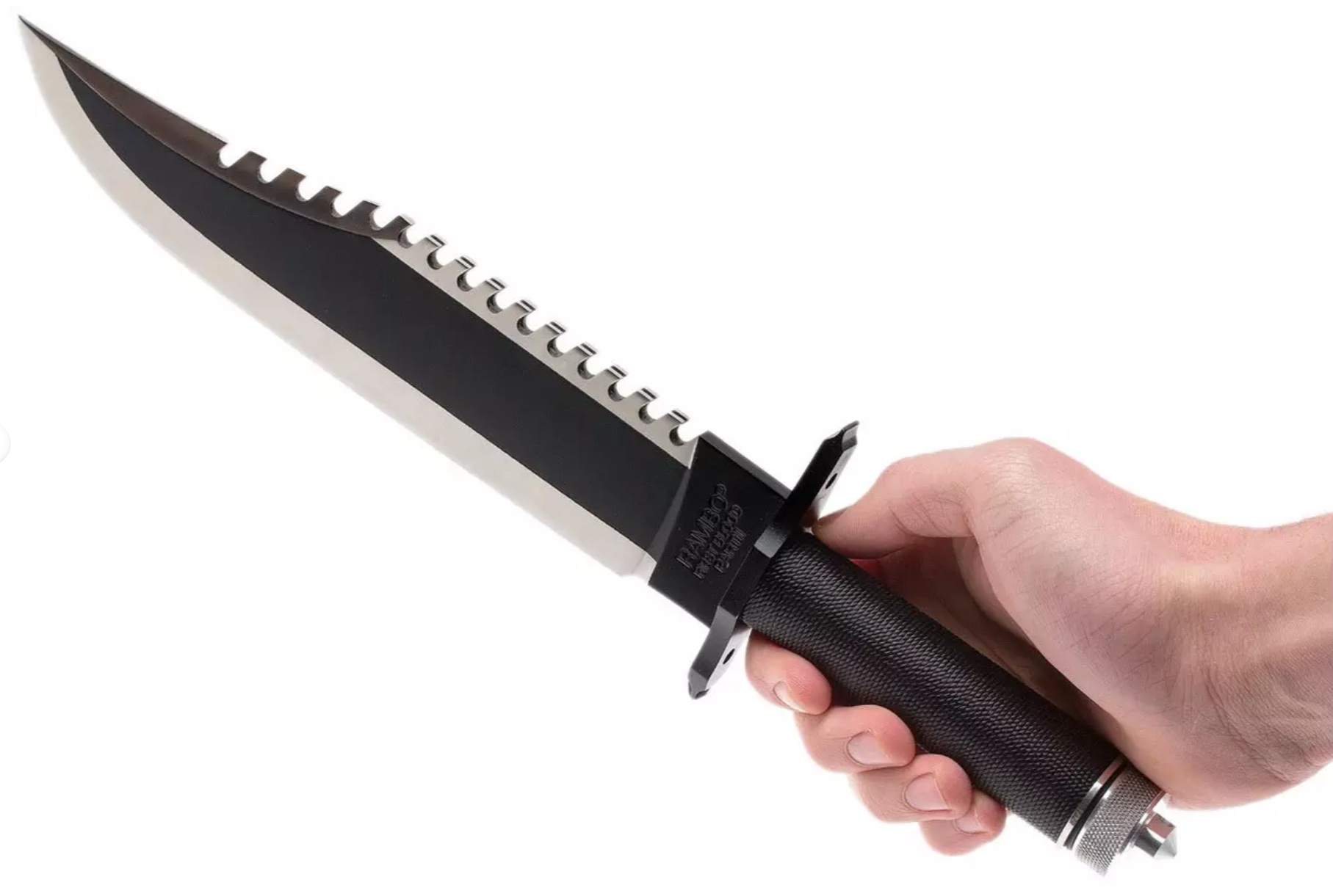 Poignard de survie RAMBO II officiel avec lame Bowie noire dentée et poignée ergonomique