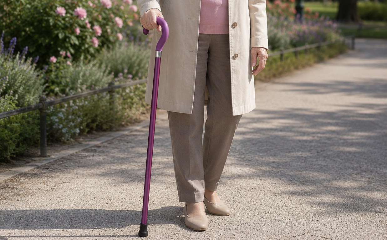 Femme âgée marchant avec une canne violette élégante dans un parc ensoleillé