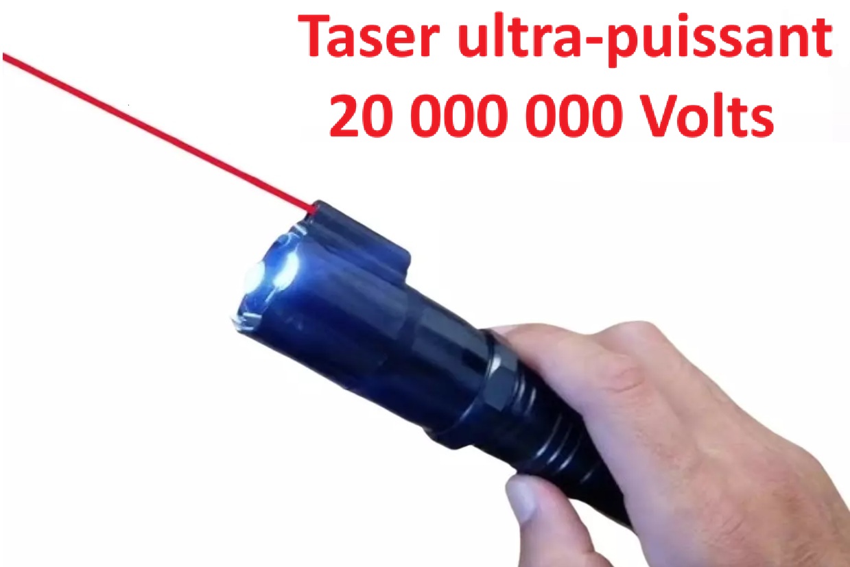 Main tenant un taser électrique 20 000 000 volts avec lampe LED allumée et pointeur laser rouge