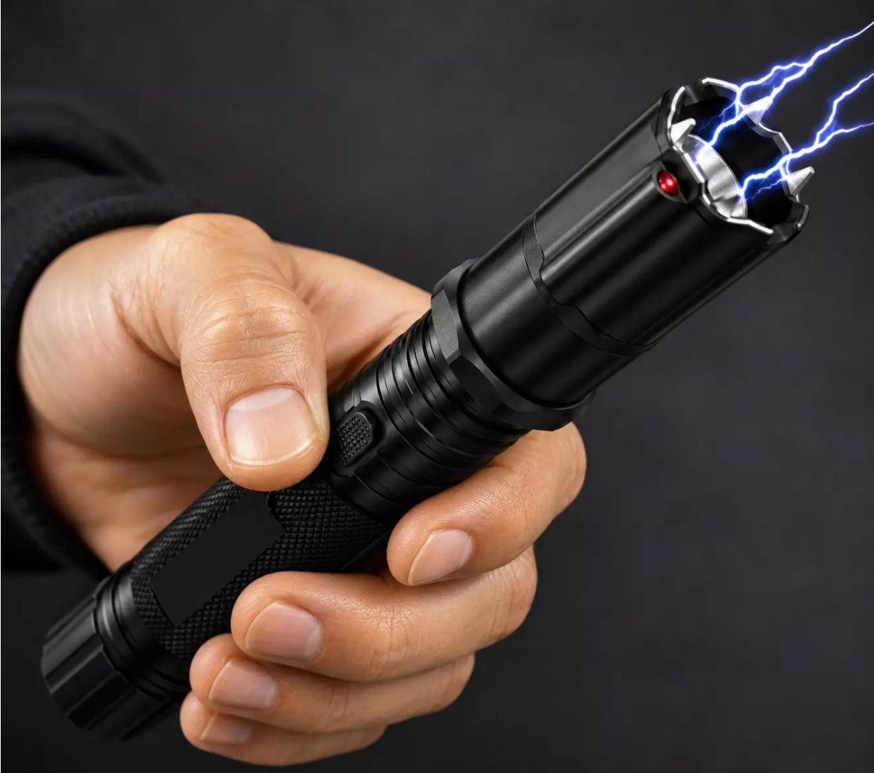 Main tenant un taser électrique noir avec arc électrique visible et poignée antidérapante