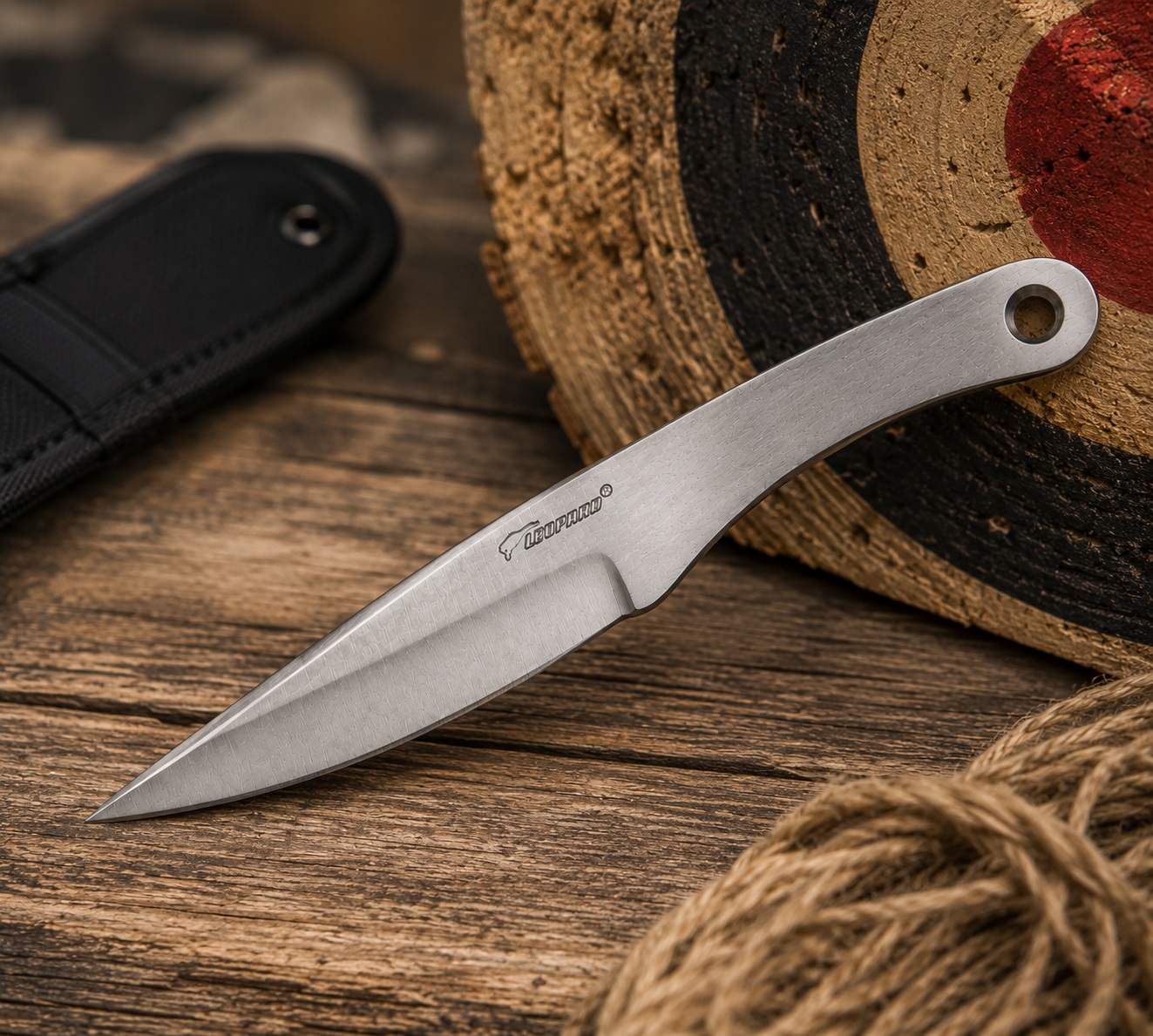 Couteau de lancer Léopard 16 cm acier inox en mise en situation avec cible de lancer et corde