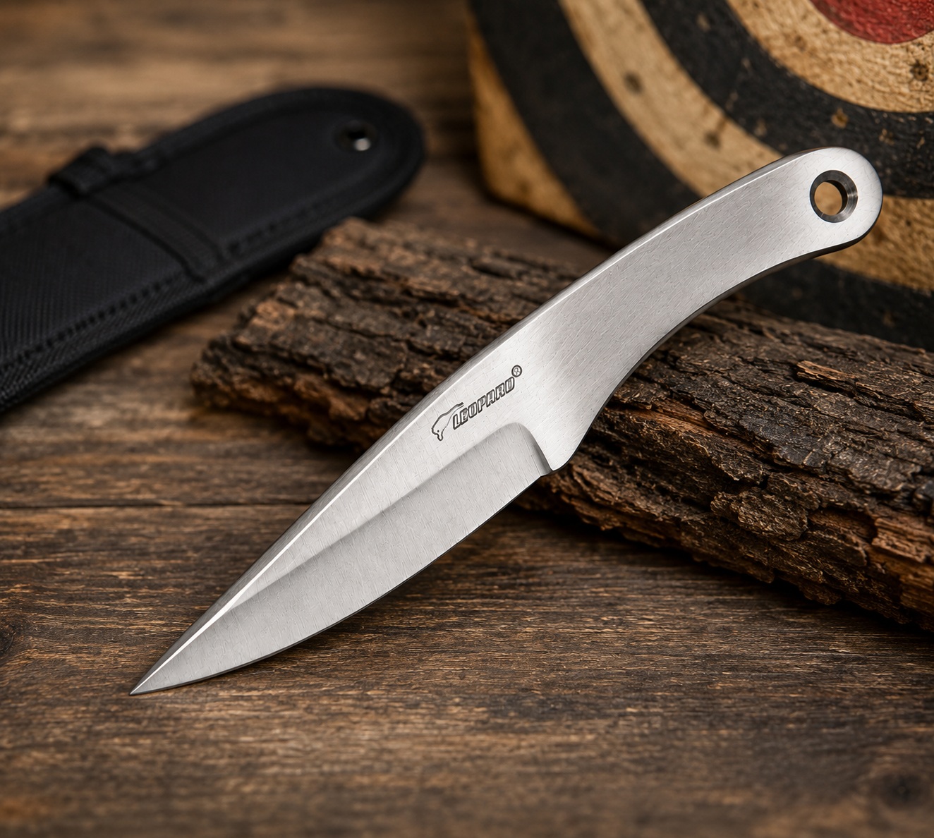 Couteau de lancer Léopard 16 cm en acier inox posé sur un support en bois devant une cible