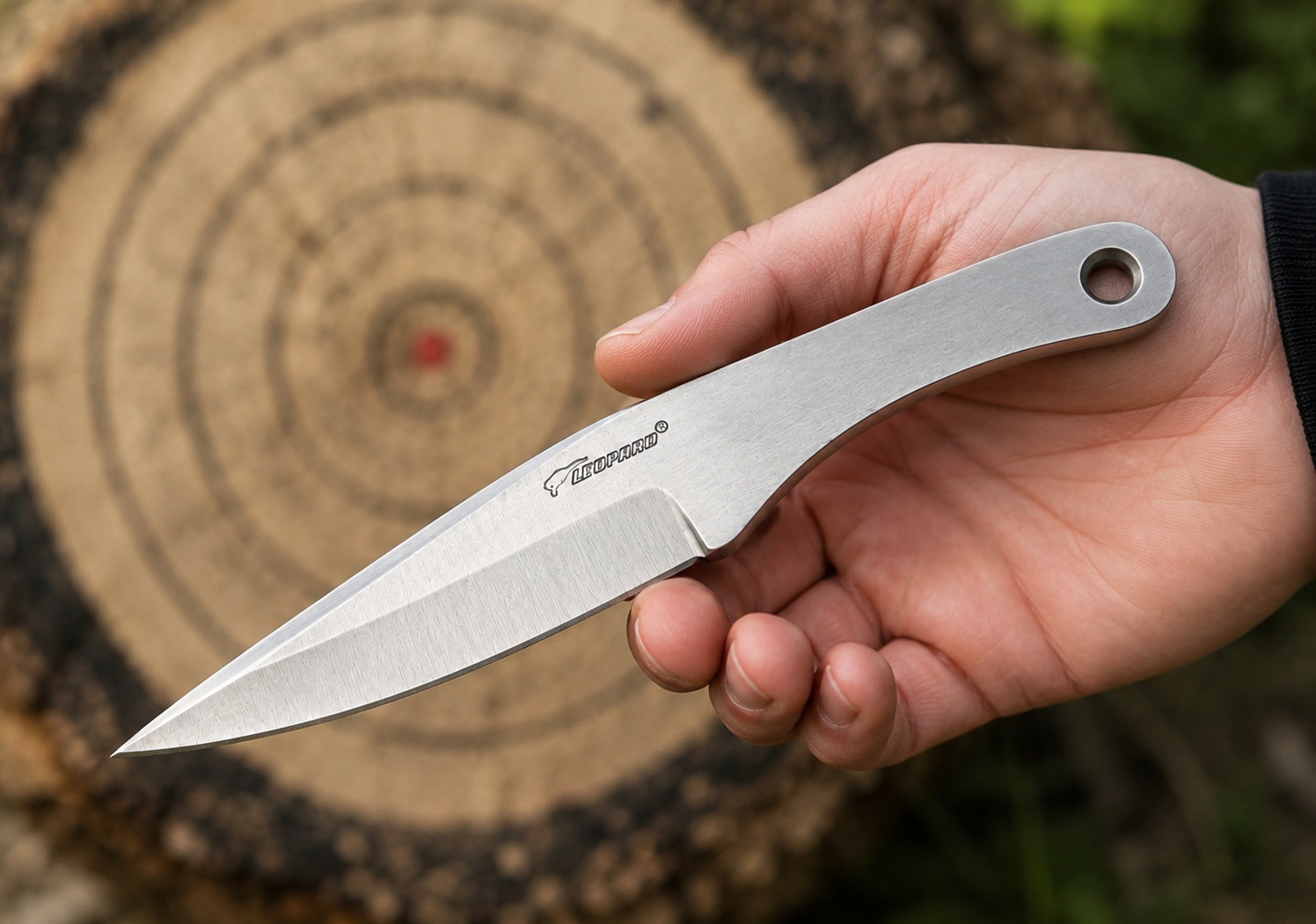 Main tenant un couteau de lancer Léopard 16 cm en acier inox devant une cible de lancer