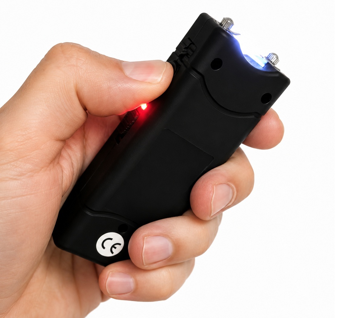 Taser électrique 5 000 000 volts tenu en main avec arc électrique et voyant lumineux rouge
