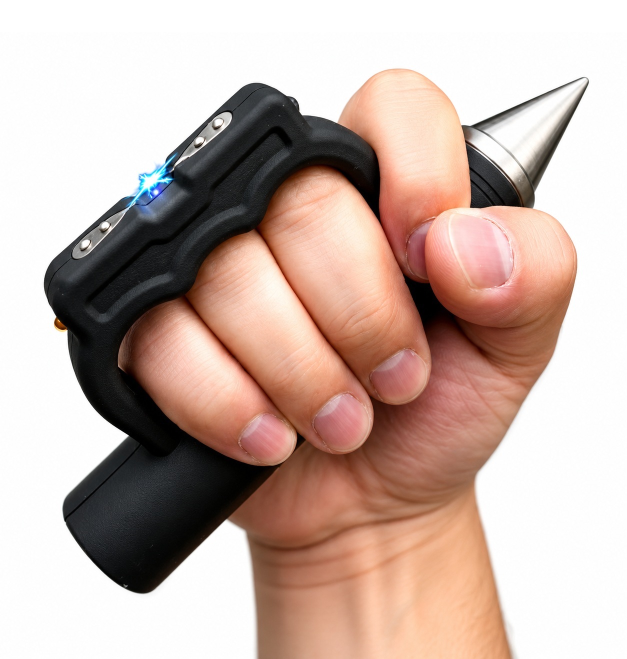 Poing électrique taser kubotan avec pointe métallique, électrodes électriques et prise en main ergonomique