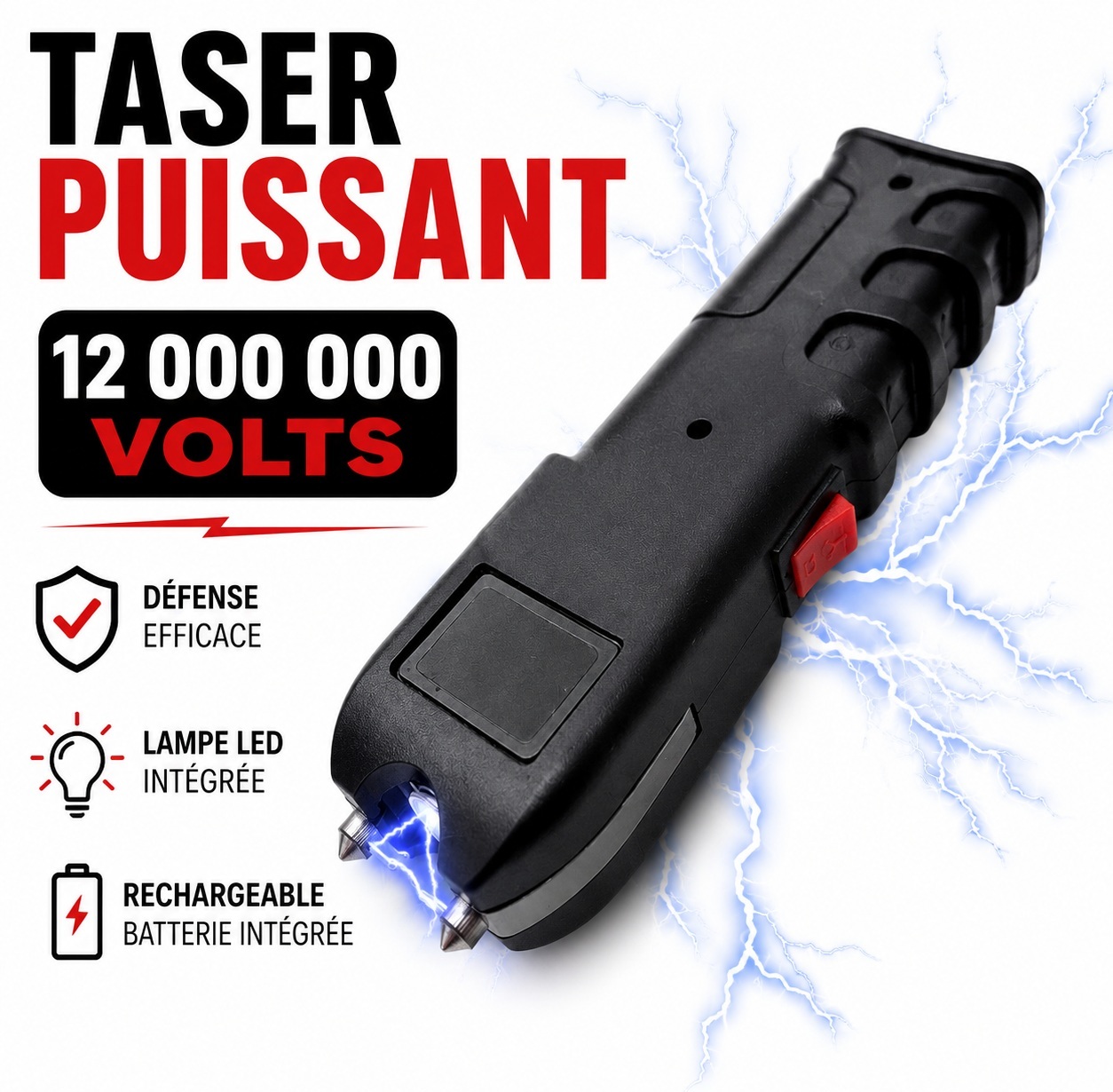 Taser puissant 12 000 000 volts avec décharge électrique, lampe LED intégrée, appareil rechargeable de défense personnelle compact