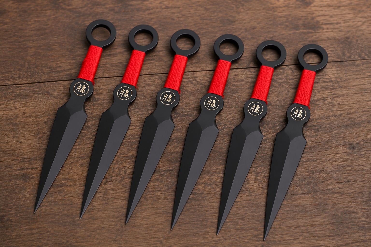 6 couteaux de lancer kunai Albainox en acier inoxydable noir avec poignée rouge