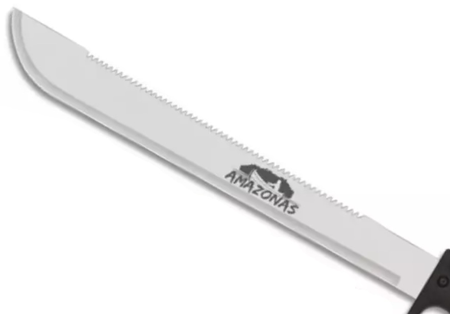 Machette de survie Amazonas avec lame dentée en acier inoxydable, poignée ergonomique noire et étui de transport robuste