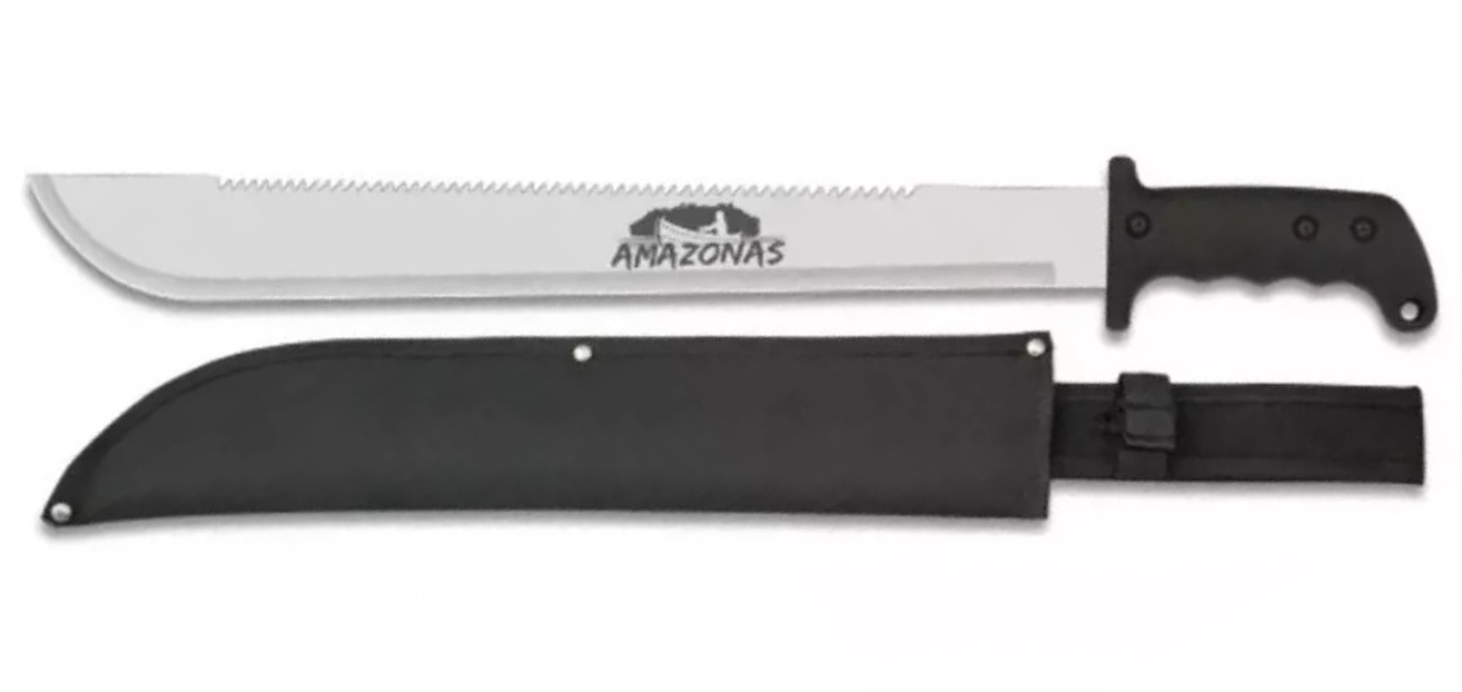 Grande machette Amazonas avec lame de coupe dentée, manche antidérapant et étui noir pour activités outdoor et débroussaillage