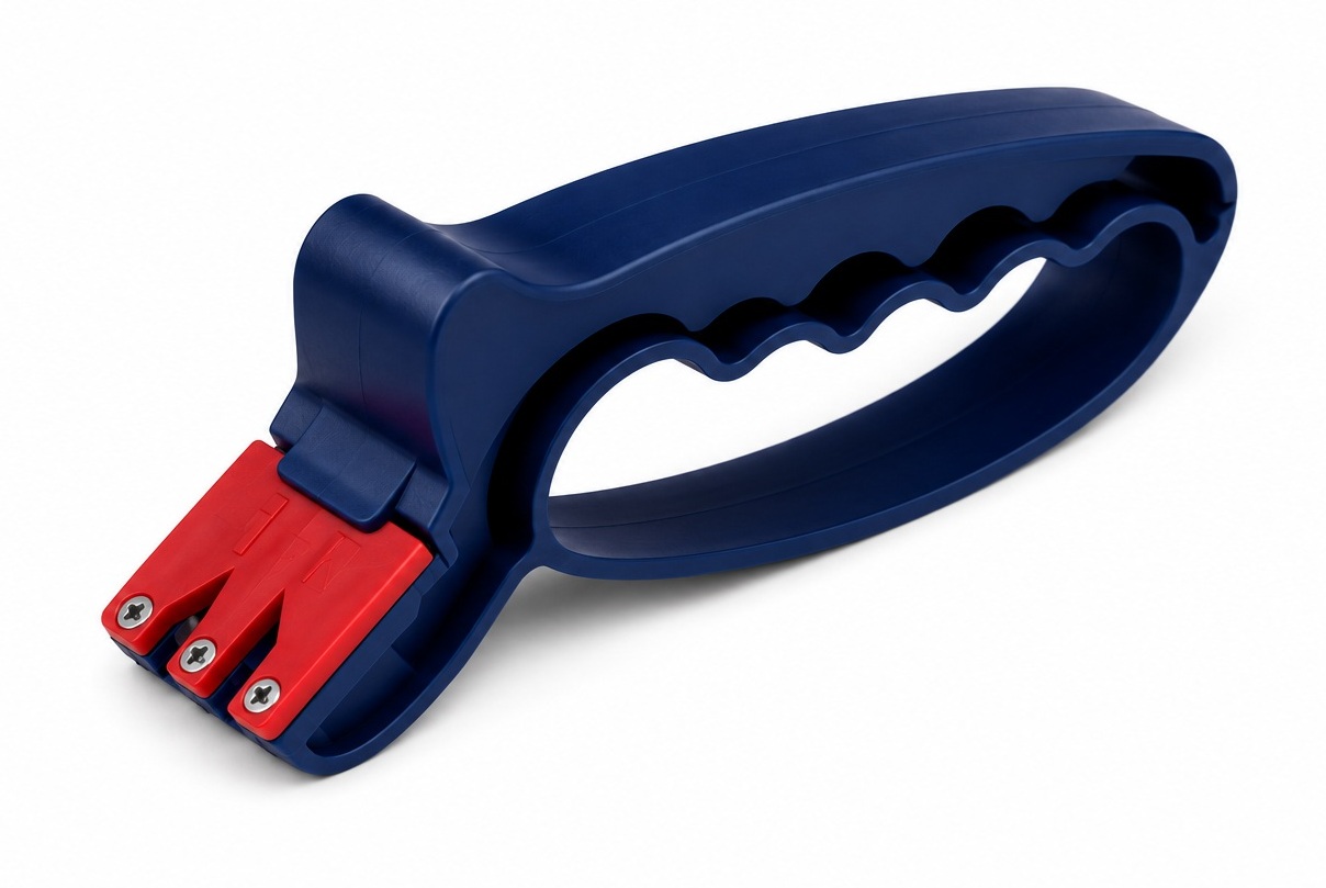 Affûteur de couteaux manuel bleu avec système daffûtage à trois étapes et poignée ergonomique pour entretenir les couteaux de cuisine