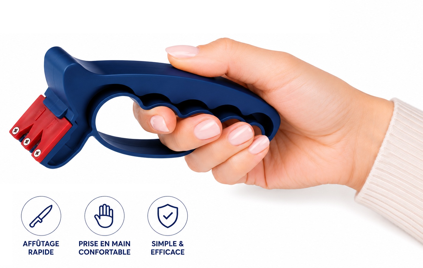 Affûteur de couteaux manuel ergonomique bleu à 3 fentes avec prise en main confortable pour aiguisage rapide des couteaux de cuisine