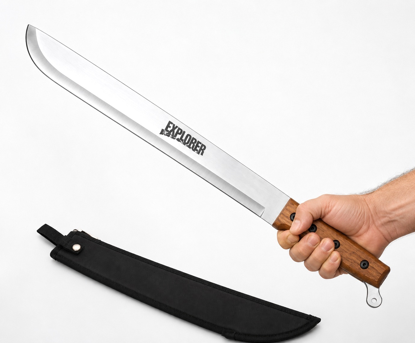 Machette Exploreur 55 cm tenue en main, grande lame full tang en acier inoxydable avec manche en bois et étui noir.
