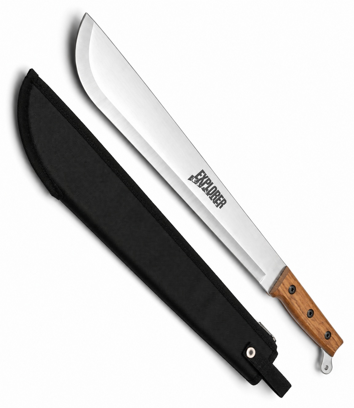 Grande machette Explorer 55 cm avec étui noir, lame inox full tang et manche en bois pour randonnée, débroussaillage et survie