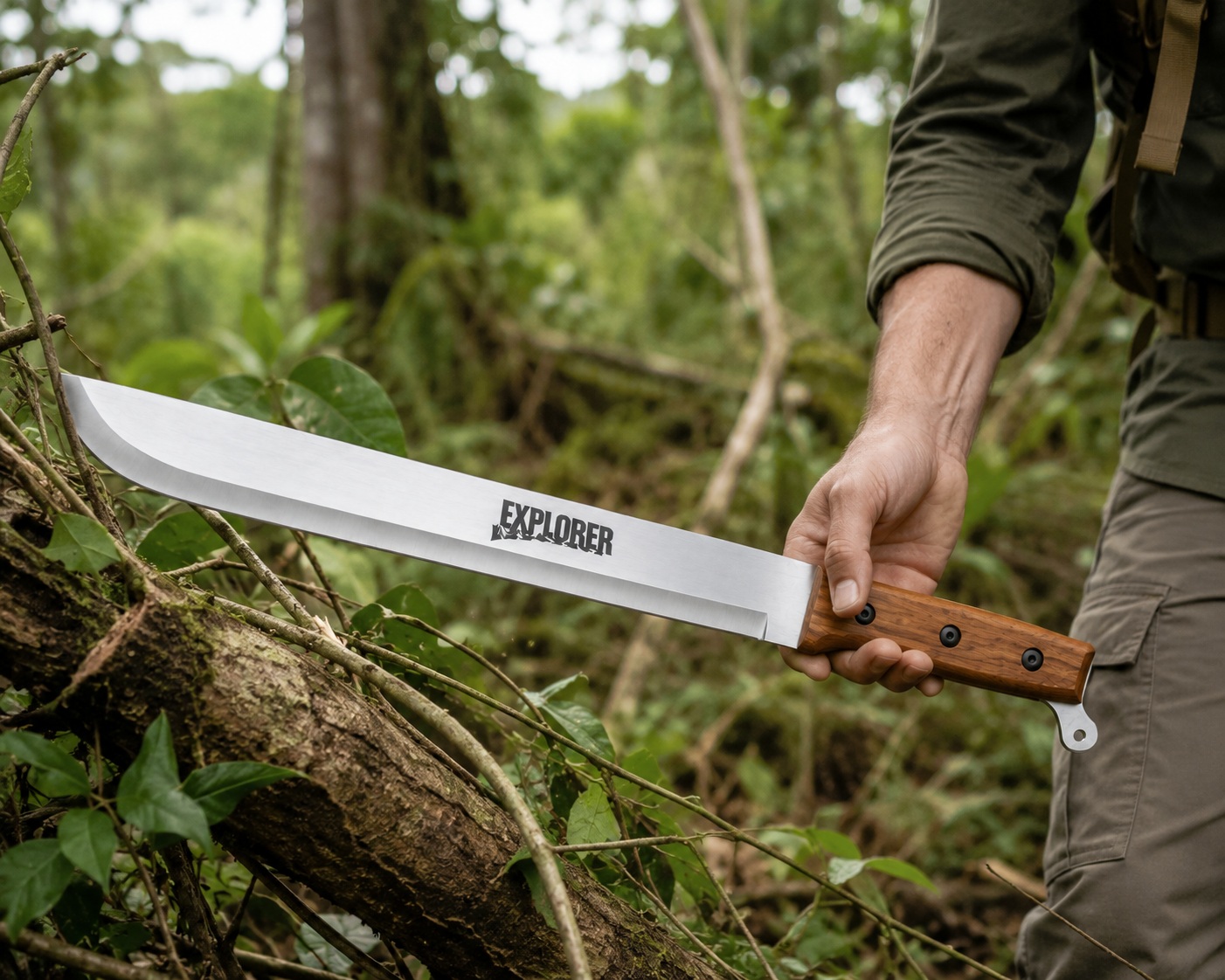 Machette Exploreur 55 cm utilisée en forêt pour le débroussaillage, grande lame outdoor en acier inoxydable avec manche en bois.