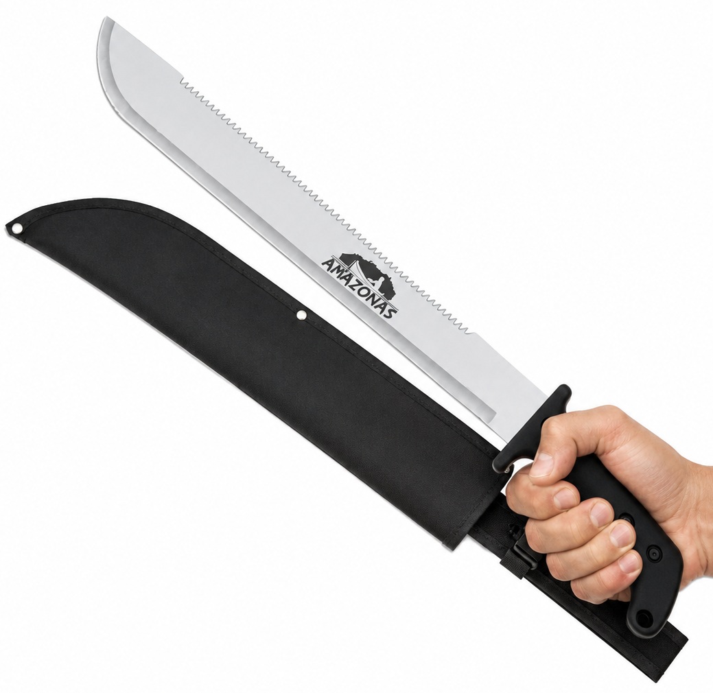 Machette Amazonas 60 cm avec étui noir et lame dentée en acier tenue en main sur fond blanc pour bushcraft, survie et outdoor