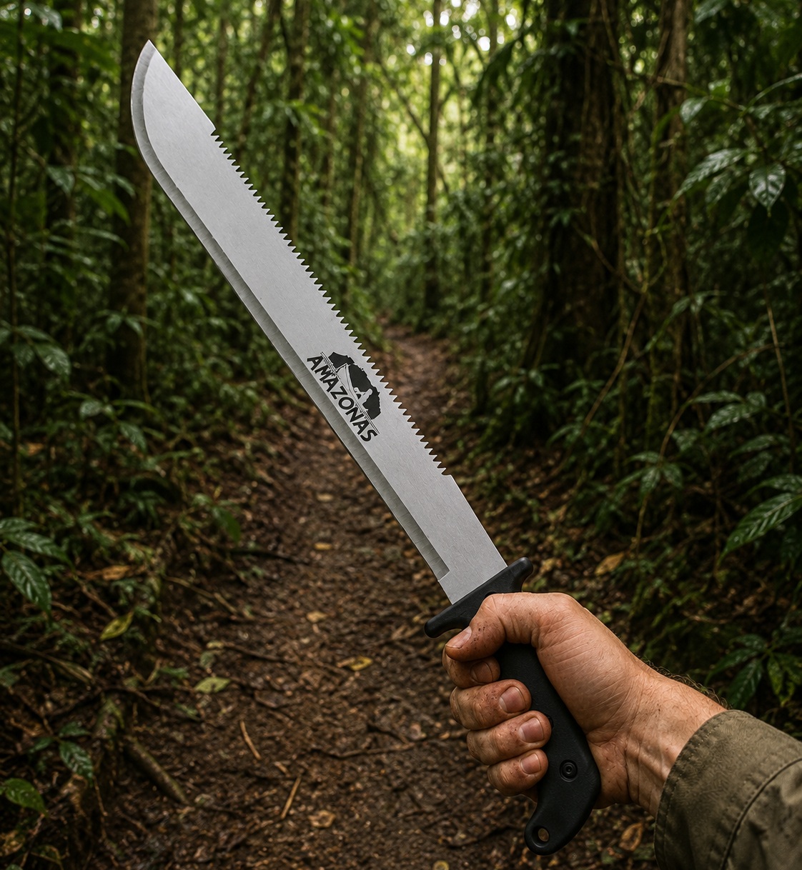 Machette Amazonas 60 cm en acier avec lame dentée tenue en main sur sentier forestier pour bushcraft, survie et débroussaillage