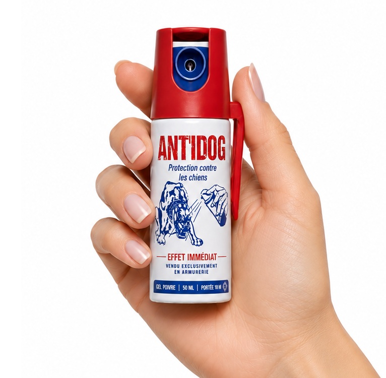 Bombe lacrymogène anti-chien 50 ml tenue dans une main avec dimensions réalistes sur fond blanc