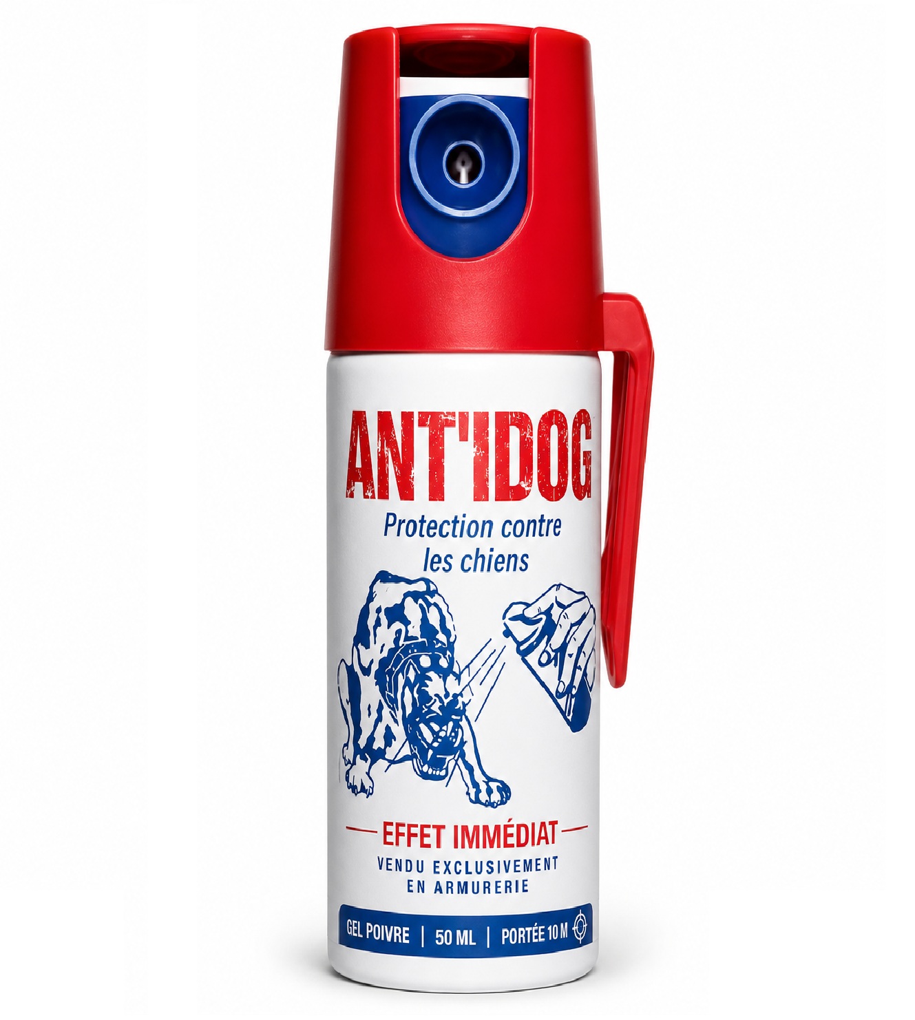 Bombe lacrymogène anti-chien gel poivre 50 ml ANTIDOG sur fond blanc avec clip de sécurité rouge