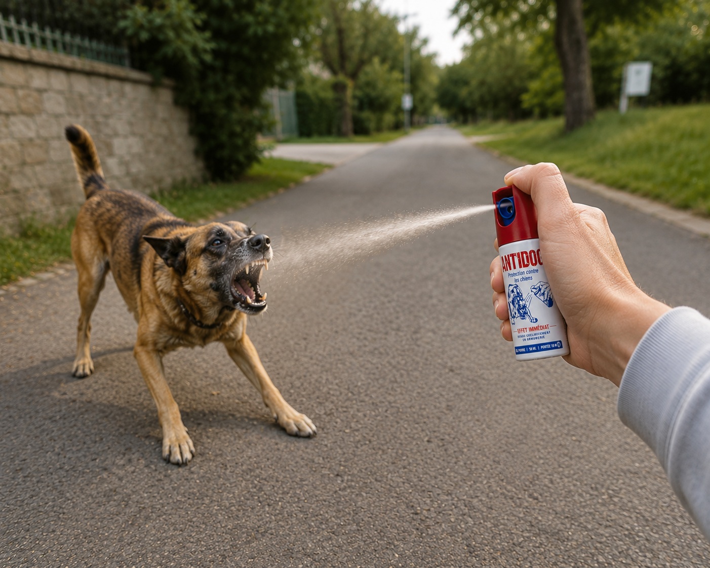 Bombe lacrymogène anti-chien gel poivre 50 ml en situation de protection face à un chien agressif