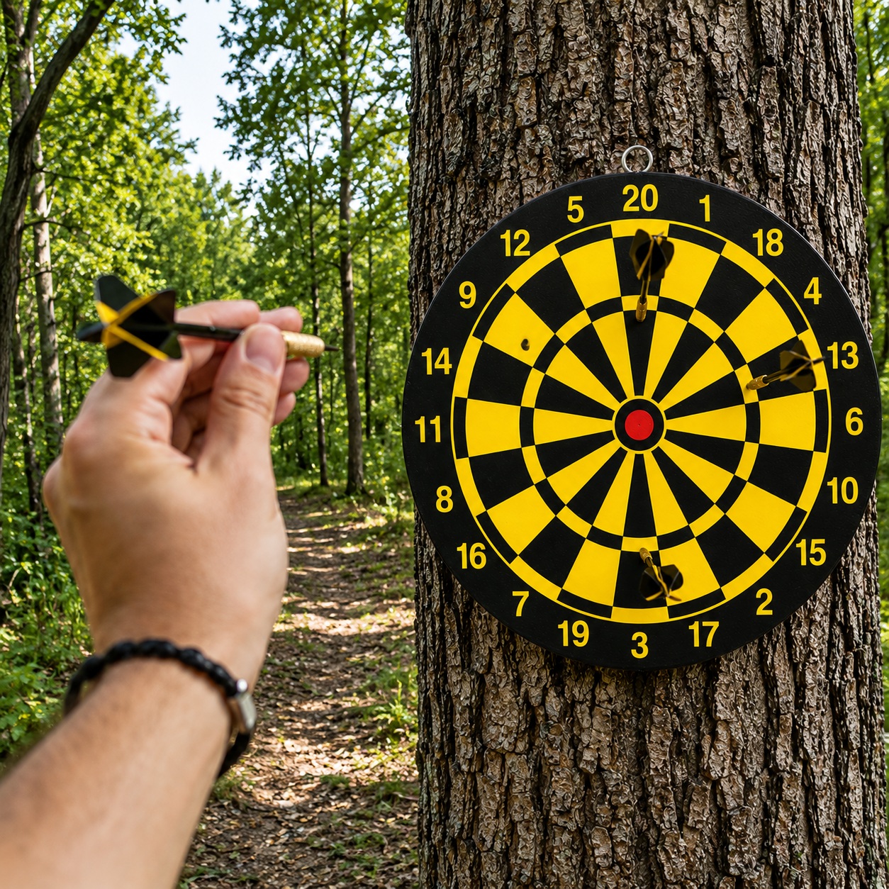 Cible de lancer fixée sur un arbre avec lancer de fléchettes en extérieur