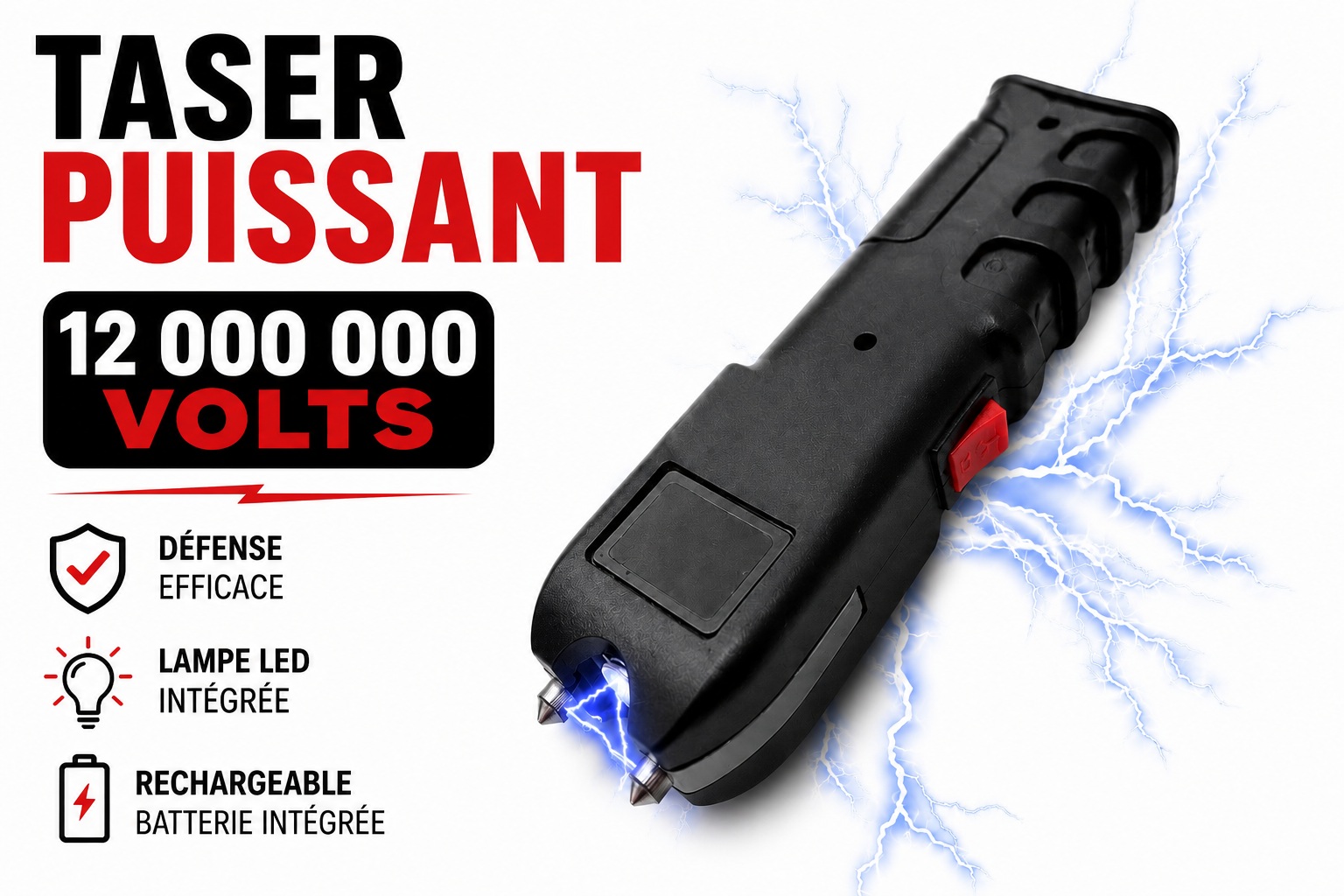 Taser shocker puissant 12 000 000 volts rechargeable avec lampe LED intégrée et décharge électrique de défense personnelle