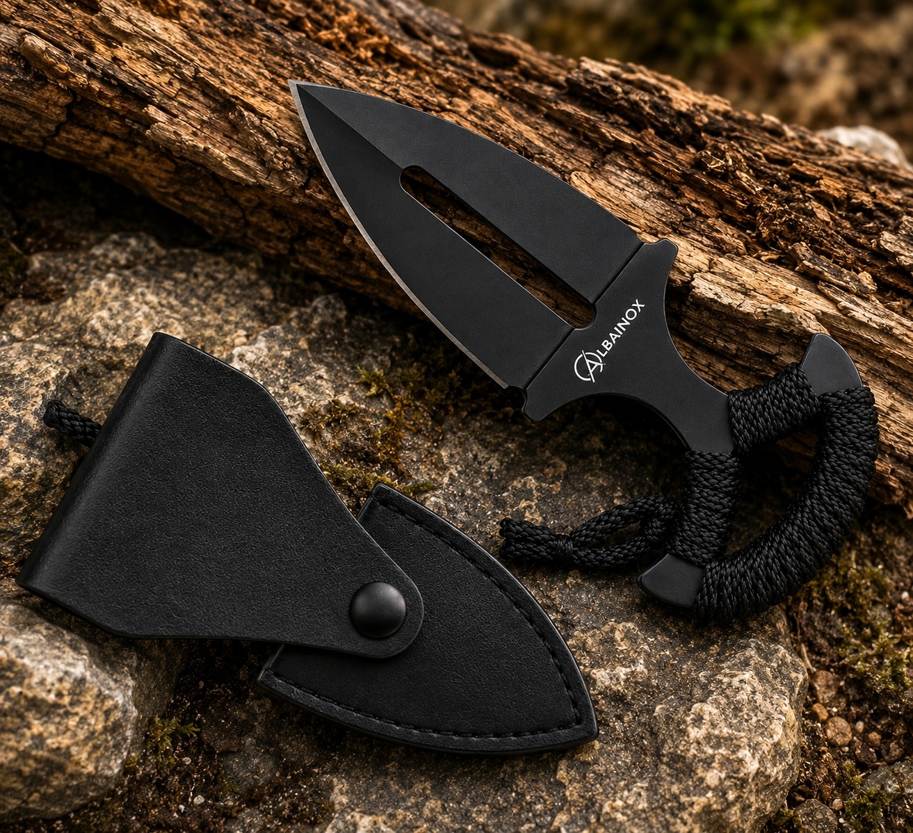 Couteau push dagger Albainox noir avec étui en cuir sur rochers en forêt