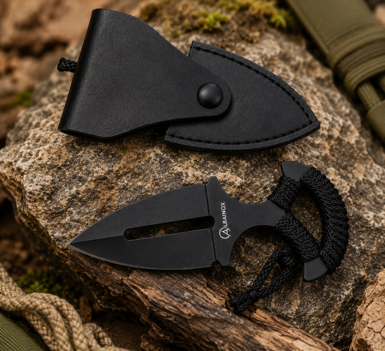 Étui en cuir et couteau push dagger Albainox noir en mise en situation outdoor sur rocher