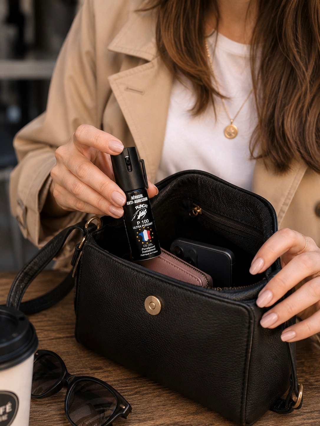 Femme rangeant une bombe lacrymogène gel CS P100 Punch dans son sac à main