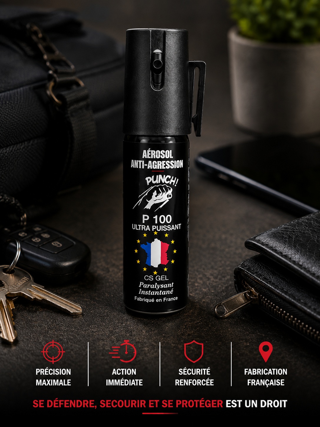 Bombe lacrymogène gel CS P100 Punch avec accessoires du quotidien pour transport discret