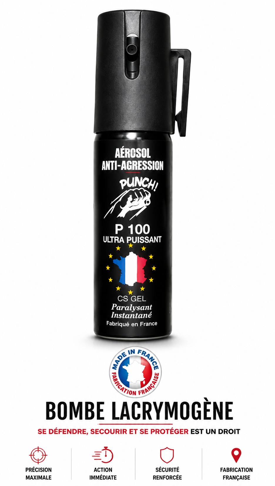 Bombe lacrymogène gel CS P100 Punch anti-agression fabrication française