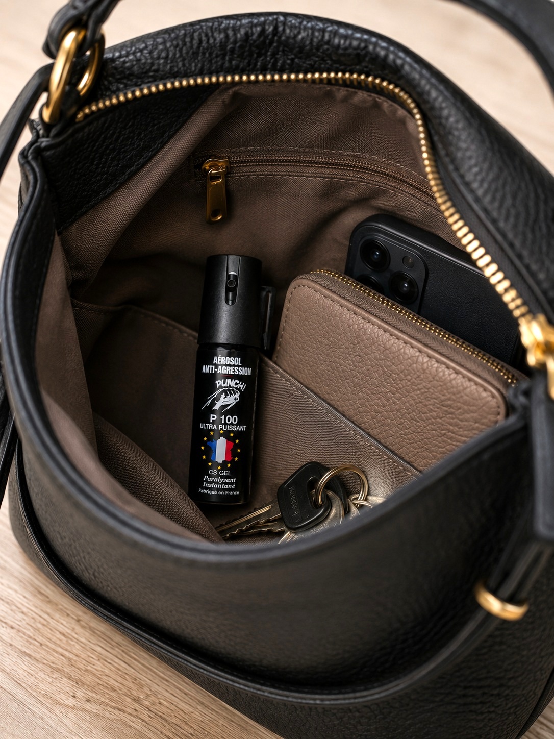 Bombe lacrymogène gel CS P100 Punch rangée dans un sac à main avec portefeuille et téléphone