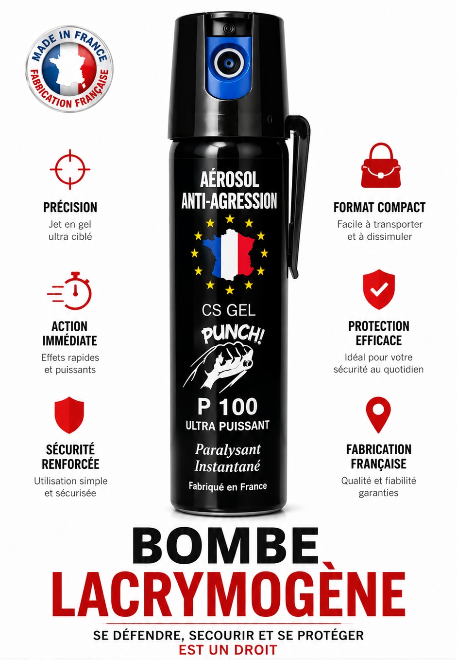 Bombe lacrymogène gel CS P100 75 ml fabrication française, aérosol anti-agression compact avec jet en gel ciblé.