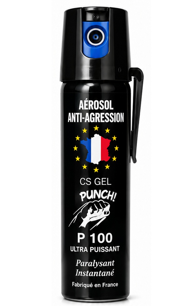 Bombe lacrymogène gel CS P100 75 ml fabrication française, aérosol anti-agression noir avec clip de ceinture et jet ciblé.