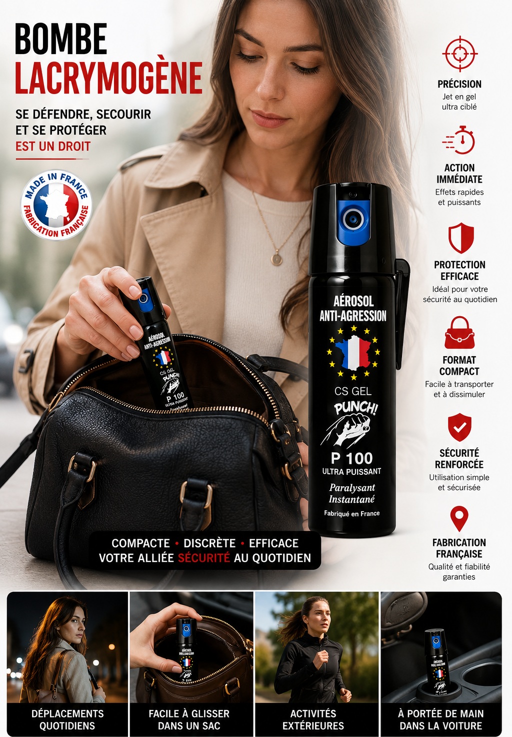 Femme transportant une bombe lacrymogène gel CS P100 75 ml dans un sac à main pour une protection personnelle au quotidien.