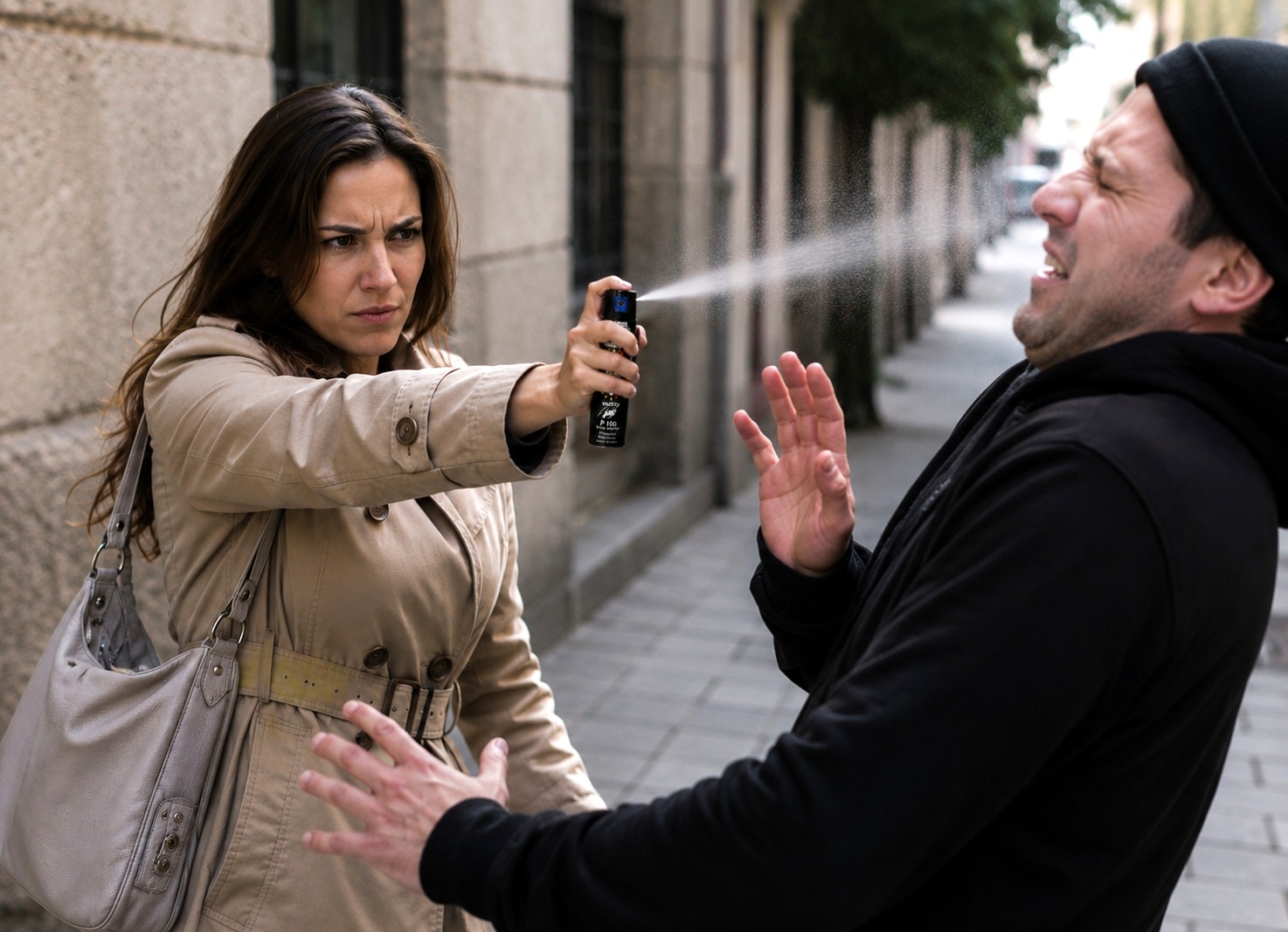 Femme utilisant une bombe lacrymogène gel CS P100 75 ml en situation de légitime défense face à un agresseur.