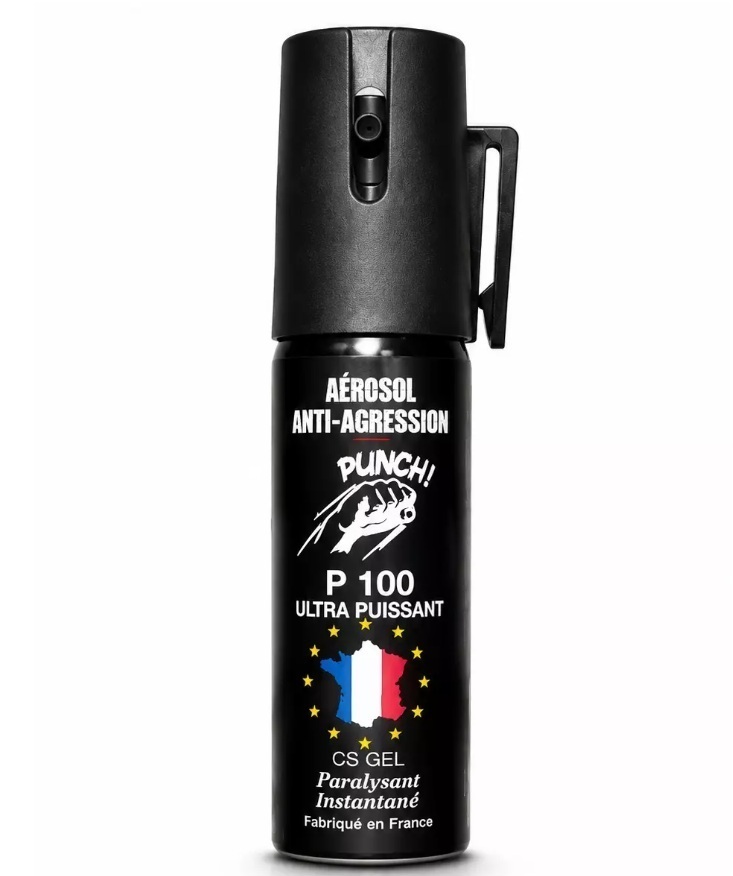 Bombe lacrymogène 25 ml gel CS Punch P100 ultra puissant avec clip ceinture pour la défense personnelle fabriquée en France