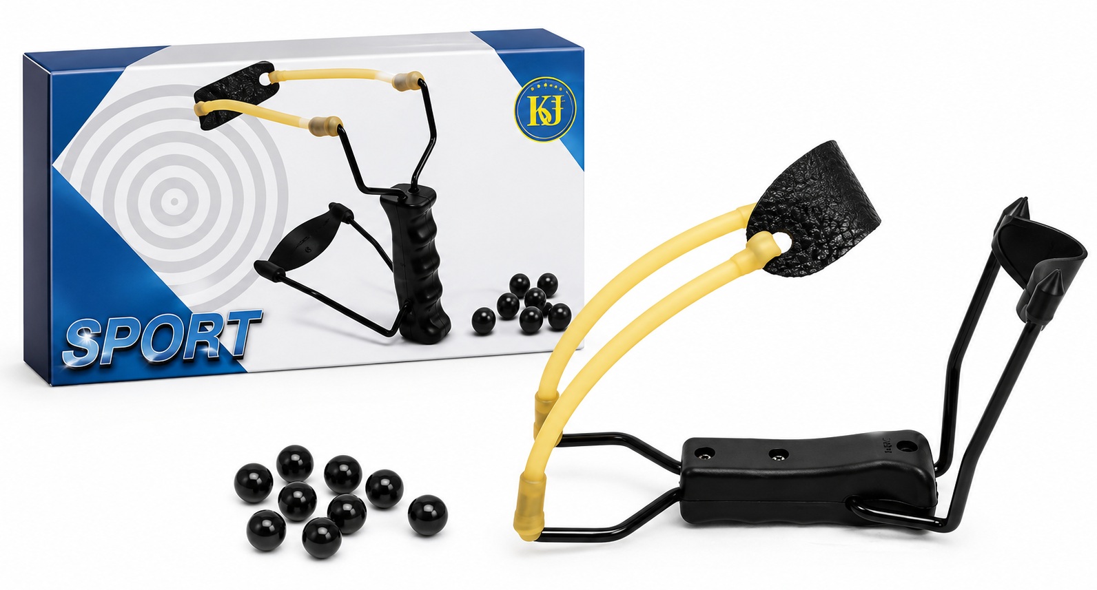 Lance-pierre compact avec boîte de présentation et 8 billes ABS noires.