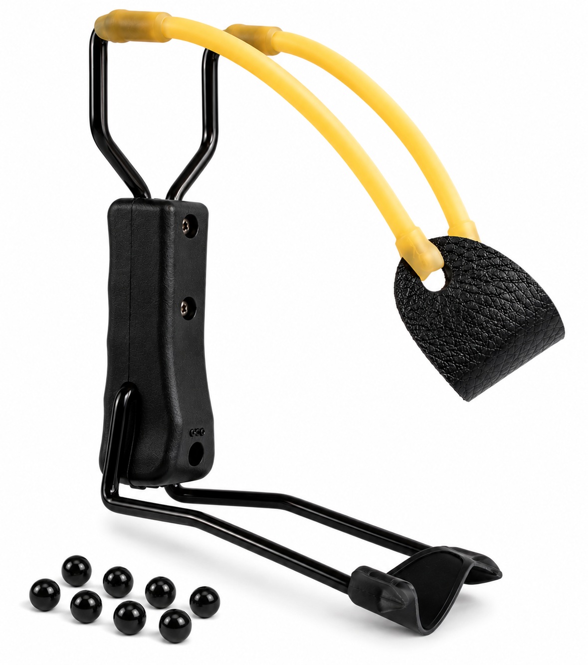 Lance-pierre compact avec poignée ergonomique, doubles élastiques jaunes et 8 billes ABS noires.