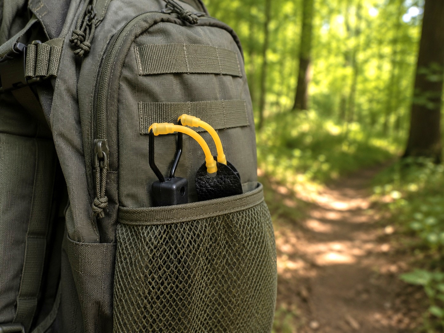 Lance-pierre compact rangé dans la poche dun sac à dos de randonnée pour le transport en extérieur.